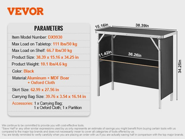 Klapbare Bar Tafel - Draagbare Promotietafel met Opbergplank en Hoes voor Evenementen & Feesten