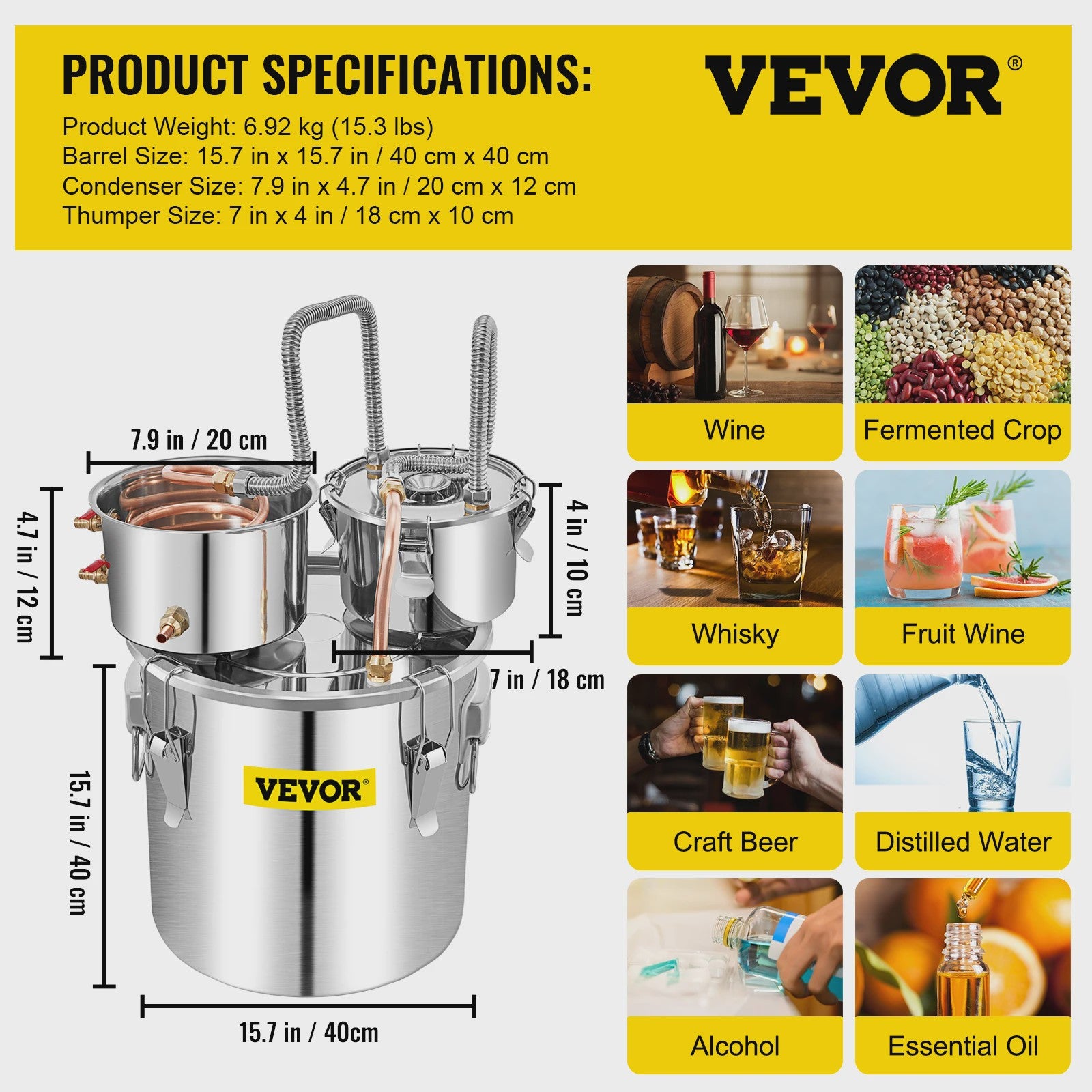 SucceBuy 12L 20L 30L 50L Alcohol Brewing Distiller DIY Moonshine Apparatus Stainless Steel Still Whisky Beer Brandy Home Use