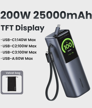 Vention 200W 25000mAh Powerbank: Draagbare Externe Batterij met Ingebouwde Kabels & PD Fast Charge