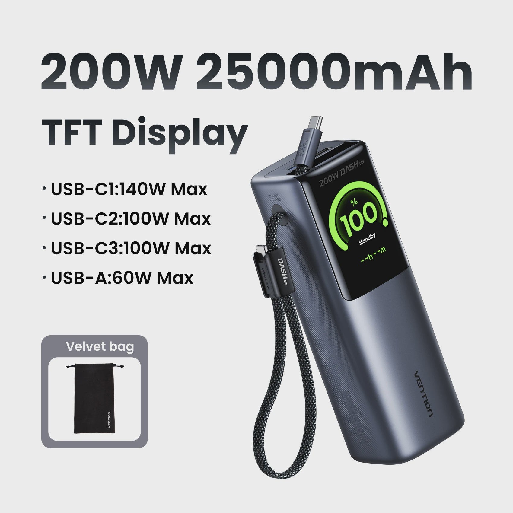Vention 200W 25000mAh Powerbank: Draagbare Externe Batterij met Ingebouwde Kabels & PD Fast Charge