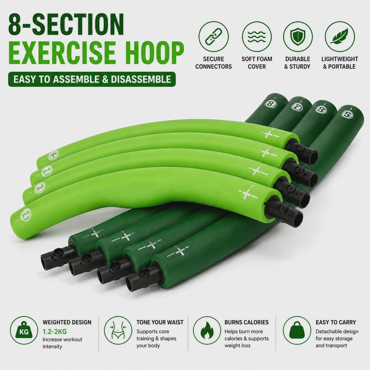 Verstelbare Fitness Hula Hoop voor Volwassenen - 1.2-2KG, 8-Delig, Ø100cm