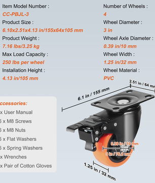 Set van 4 Zwenkwielen met Dubbel Rem & PVC Wielen - Diverse Maten