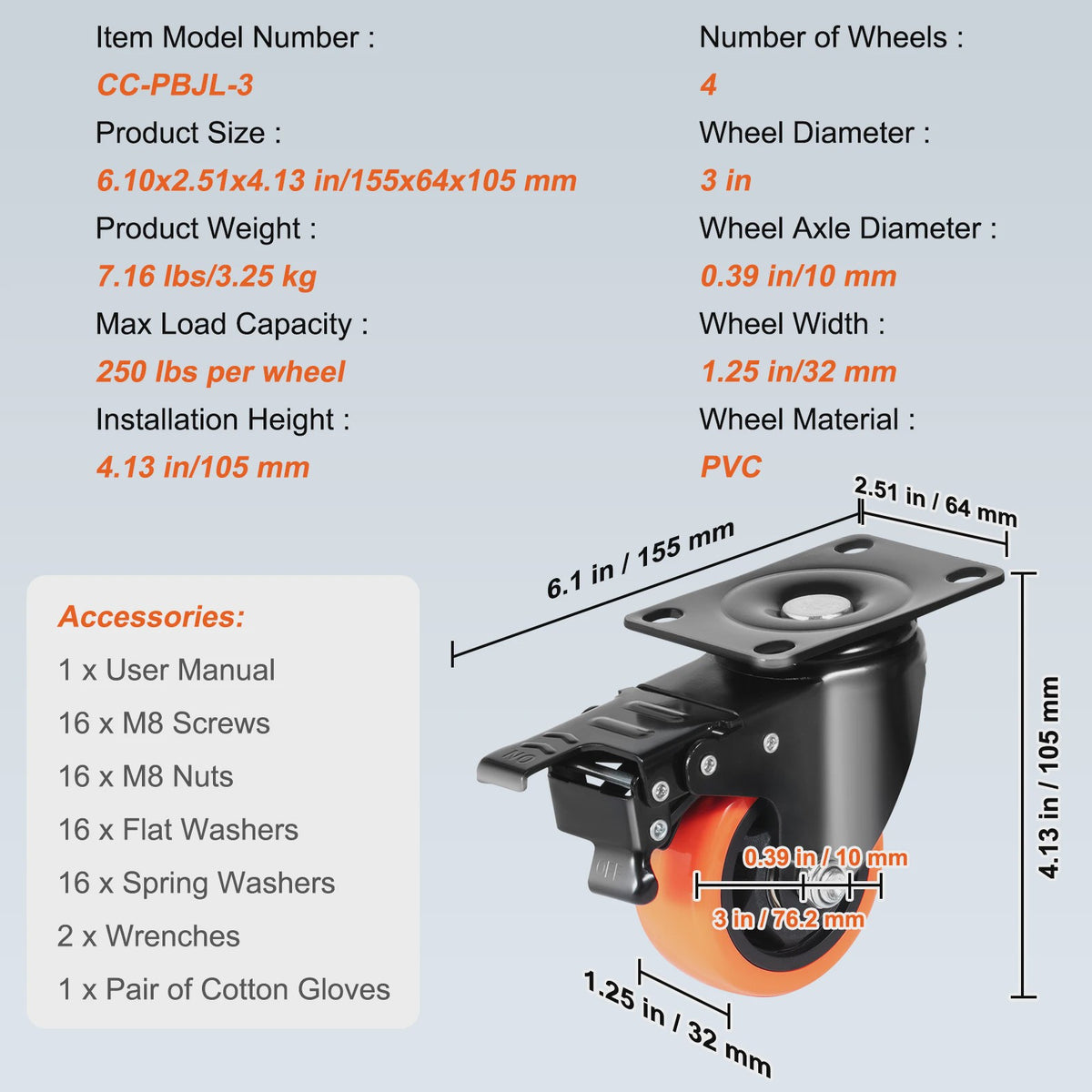 Set van 4 Zwenkwielen met Dubbel Rem & PVC Wielen - Diverse Maten