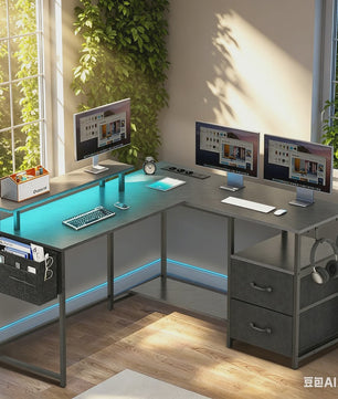 L-vormig Bureau met LED Verlichting, 2 Stopcontacten, USB/Type-C Poorten & Ladeblok - Ideaal voor Gaming & Werk