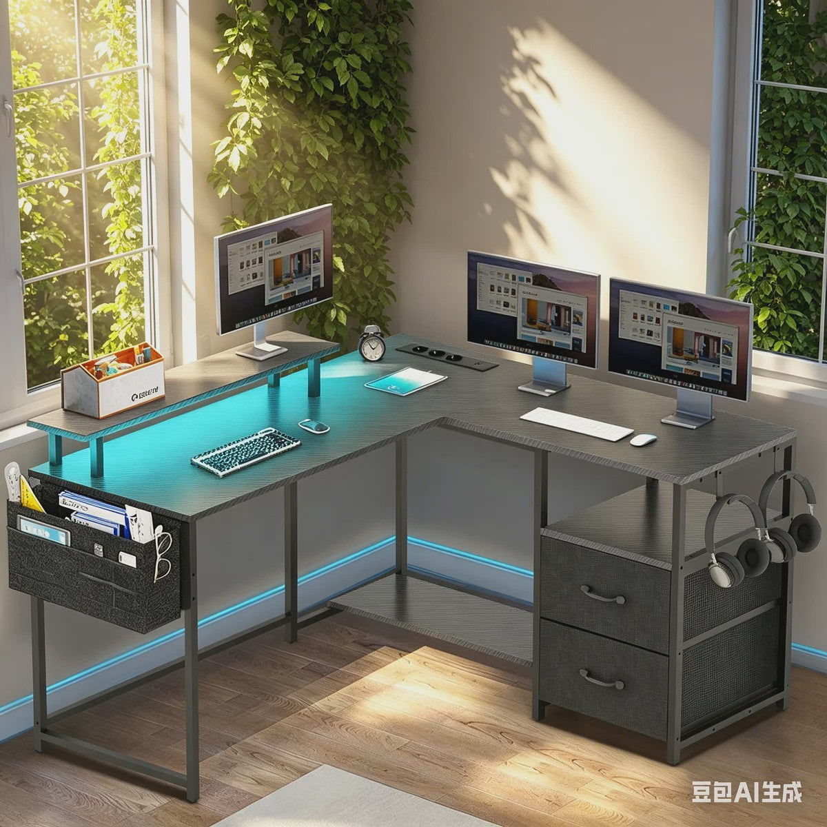 L-vormig Bureau met LED Verlichting, 2 Stopcontacten, USB/Type-C Poorten & Ladeblok - Ideaal voor Gaming & Werk