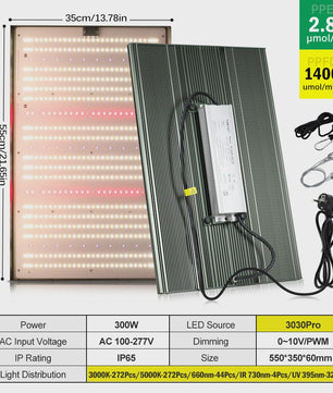 300W Full Spectrum LED Groeilamp met UV/Rood Licht - Dimbare Phytolamp voor Kassen