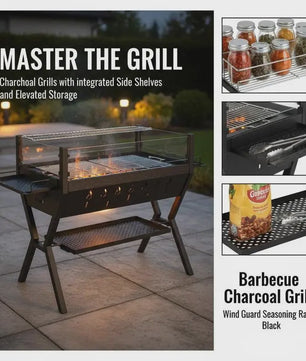 Stevige Zwarte Houtskool BBQ Grill met Windscherm en Kruidenrek - Perfect voor Tuinfeesten