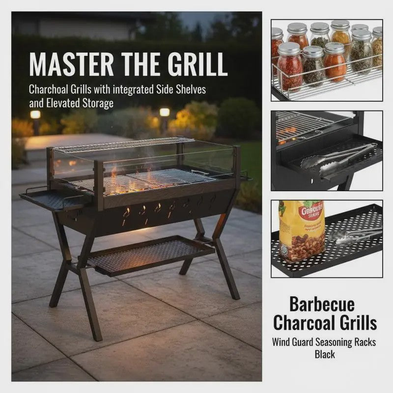 Stevige Zwarte Houtskool BBQ Grill met Windscherm en Kruidenrek - Perfect voor Tuinfeesten