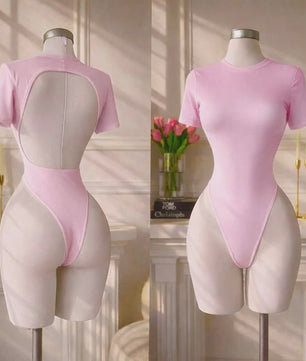 Dames Backless Bodysuit met Korte Mouwen - Comfortabele Basis met Open Rug