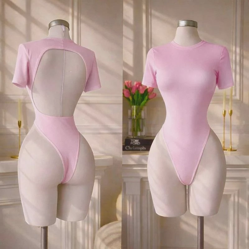 Dames Backless Bodysuit met Korte Mouwen - Comfortabele Basis met Open Rug