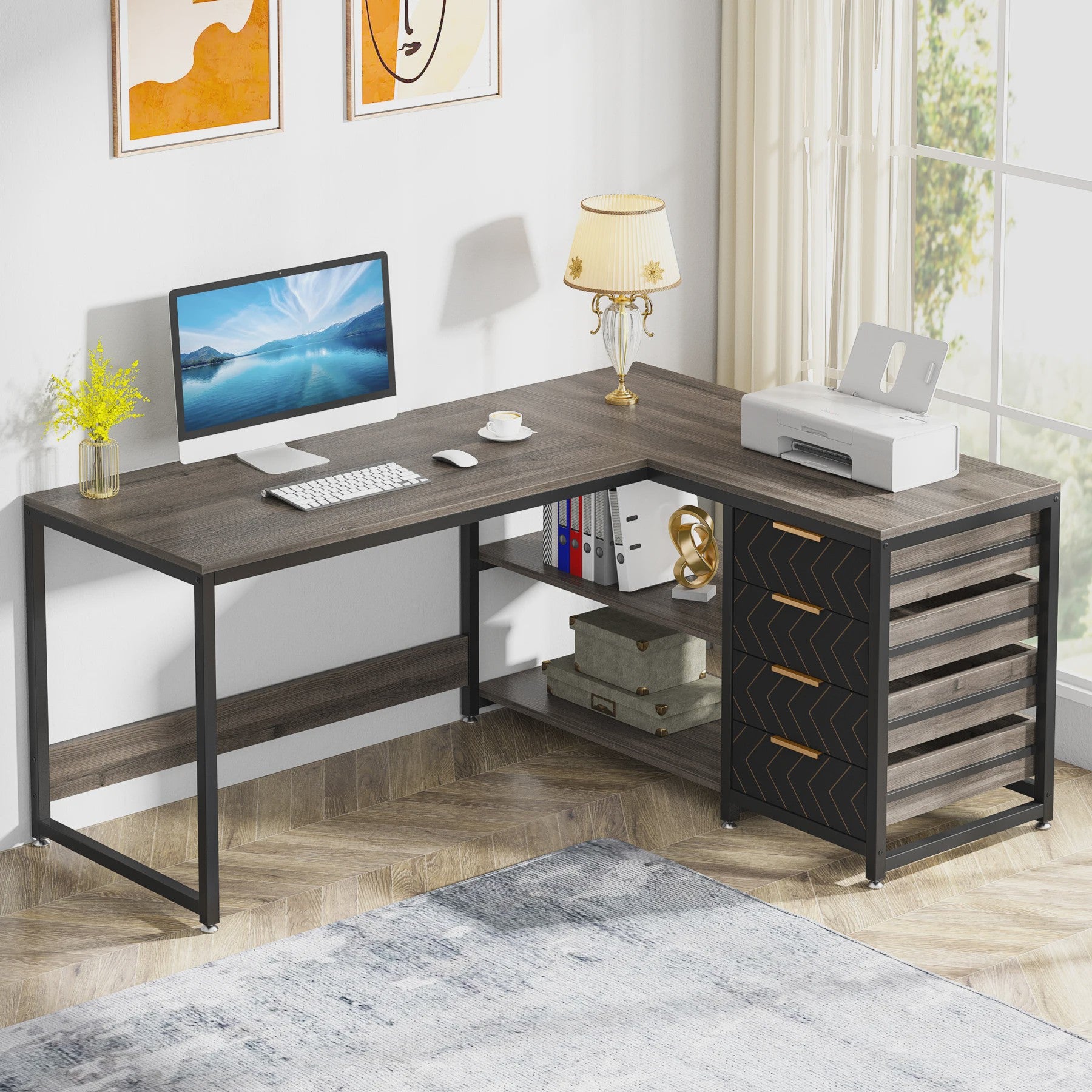 L-vormig Bureau met Opbergruimte en Planken - 150 cm Hoekbureau