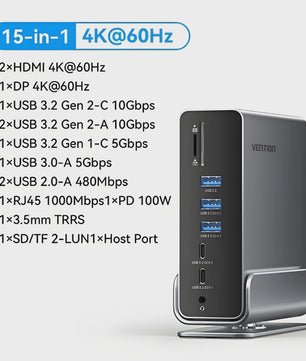 Vention 15-in-1 USB-C Docking Station: Triple Monitor 4K@60Hz, 100W PD, USB 3.2 Hub
