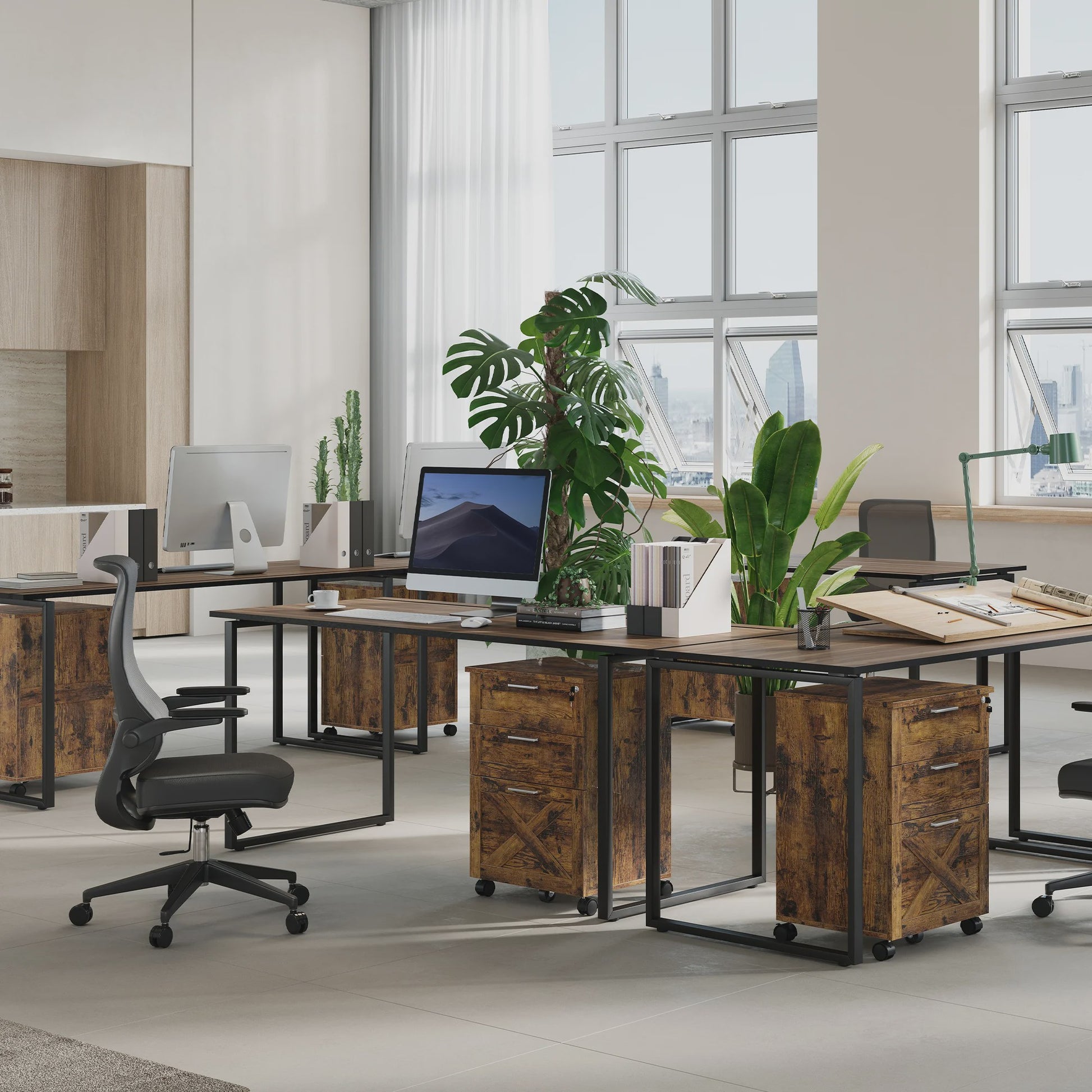 Mobiel 3-Laden Archiefkastje met Slot - Vintage Hout - Onder Bureau - Verrijdbaar Kantoor Opbergkast
