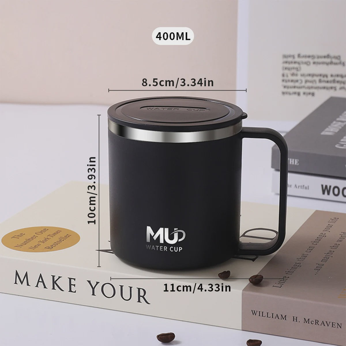 Geïsoleerde Koffiemok met Deksel - 400ML Dubbelwandig RVS Drinkbeker