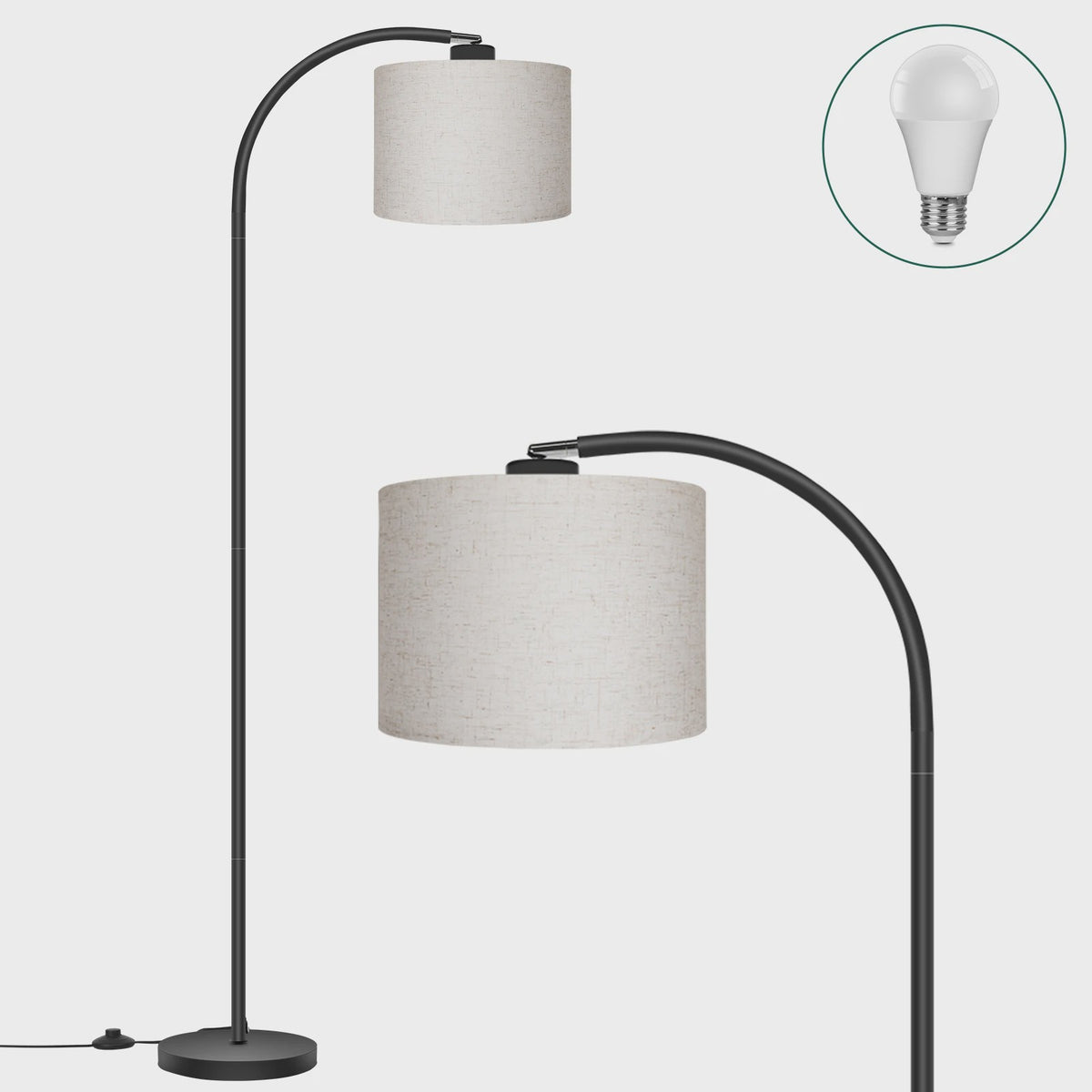 Verstelbare Boog Vloerlamp met Linnen Kap - 12W Warm Wit Licht