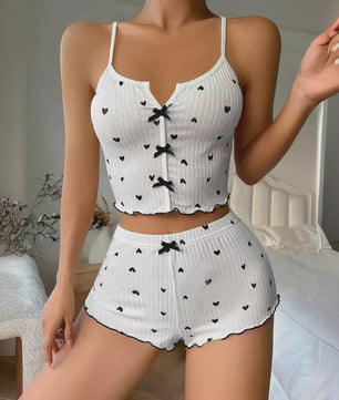 Dames Pyjama Set Hartjes Print - Cropped Cami Top met Strik & Elastische Shorts