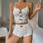 Dames Pyjama Set Hartjes Print - Cropped Cami Top met Strik & Elastische Shorts