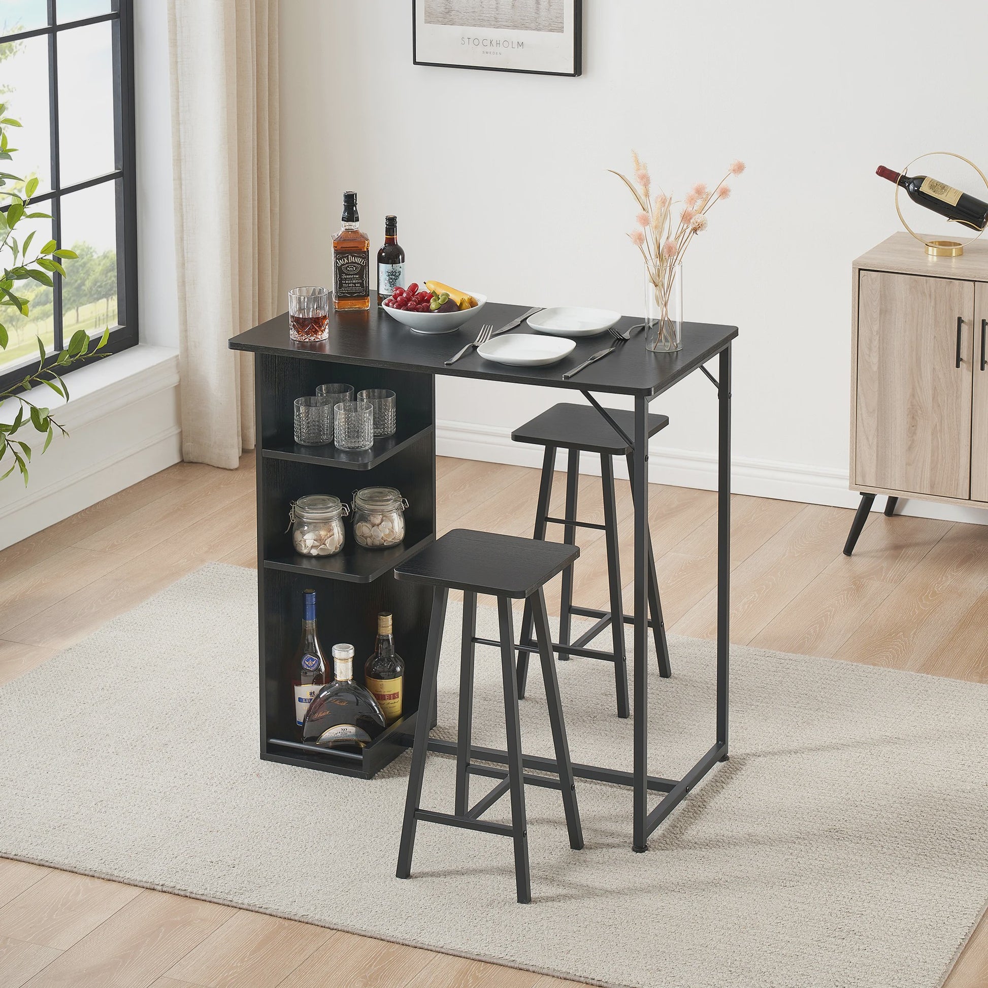 3-delige Bartafel Set met 2 Krukken en Opbergruimte - Compact Keukenmeubel