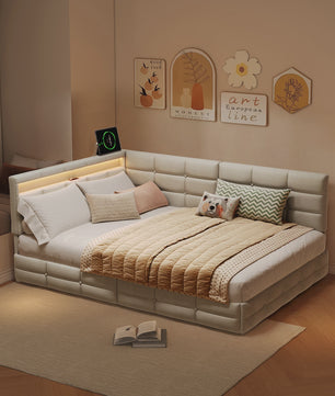 L-vormig Gestoffeerd Bed met USB, LED en Opbergruimte - Beige/Grijs