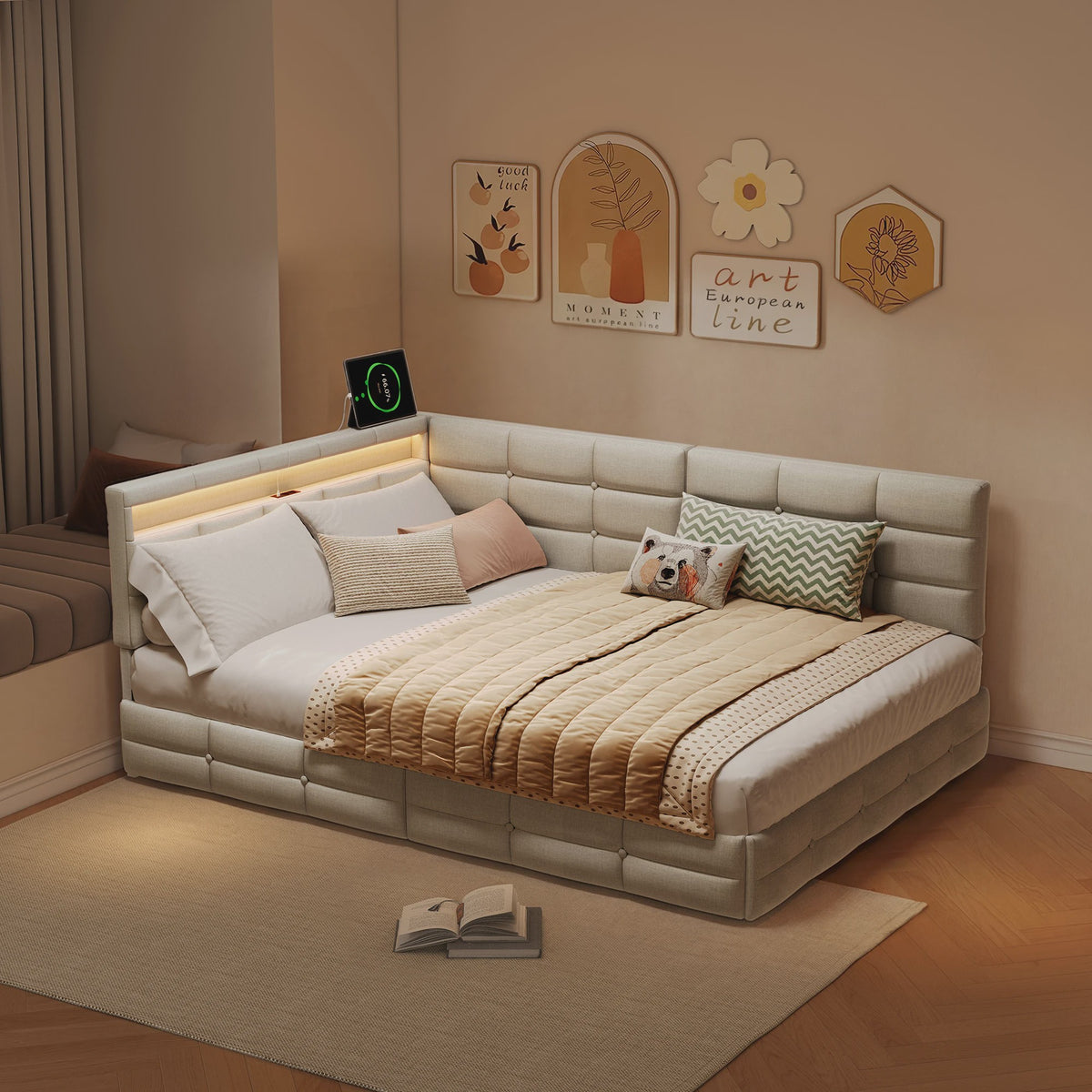 L-vormig Gestoffeerd Bed met USB, LED en Opbergruimte - Beige/Grijs