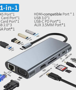 11-in-1 USB-C Hub Docking Station met HDMI, VGA, RJ45 & 100W PD Opladen