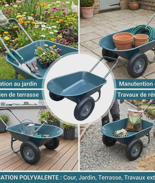 Stevige 2-wiel kruiwagen voor tuin en buiten – 120 kg capaciteit, ijzeren bak & kunststof