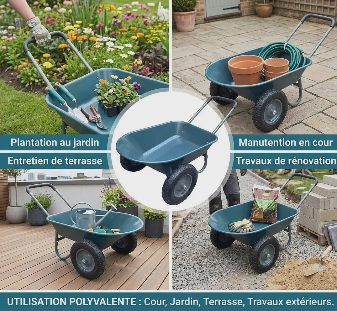Stevige 2-wiel kruiwagen voor tuin en buiten – 120 kg capaciteit, ijzeren bak & kunststof