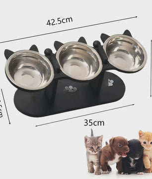 Verhoogde Kattenvoerbak met Houten Standaard & 3 RVS Bakjes - 15° Schuin