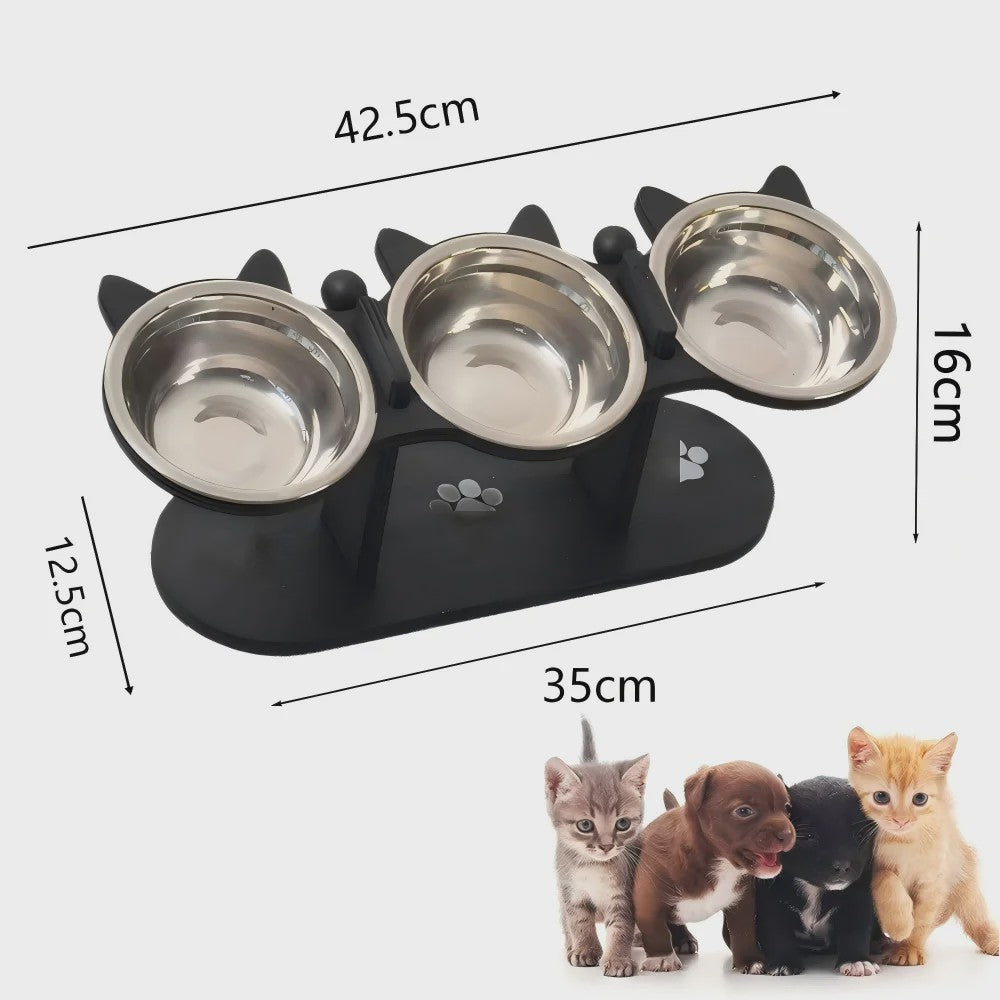 Verhoogde Kattenvoerbak met Houten Standaard & 3 RVS Bakjes - 15° Schuin