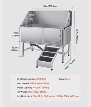 RVS Hond Wasstation 34"/62" - Professionele Hondenbadkuip met Kraan & Douchekop