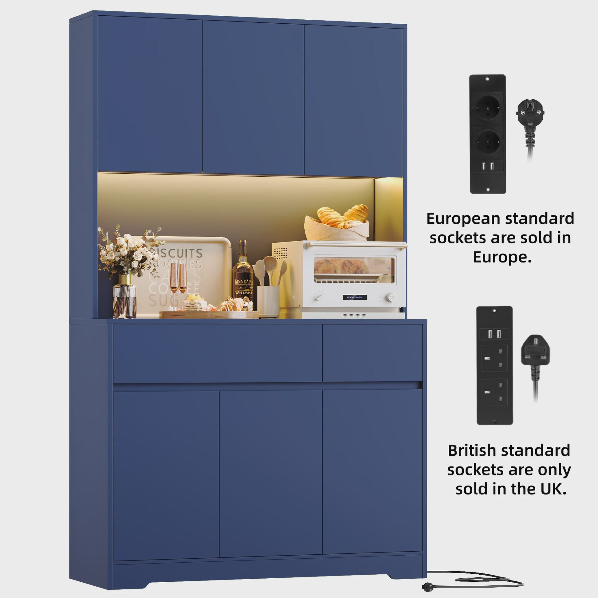 Hoge Keukenkast met LED & Stopcontact - 180cm Breed - 6 Deuren, 2 Lades, Verstelbare Planken
