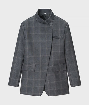 Chique Geruite Blazer Jas met Opstaande Kraag - Dames Casual Chic