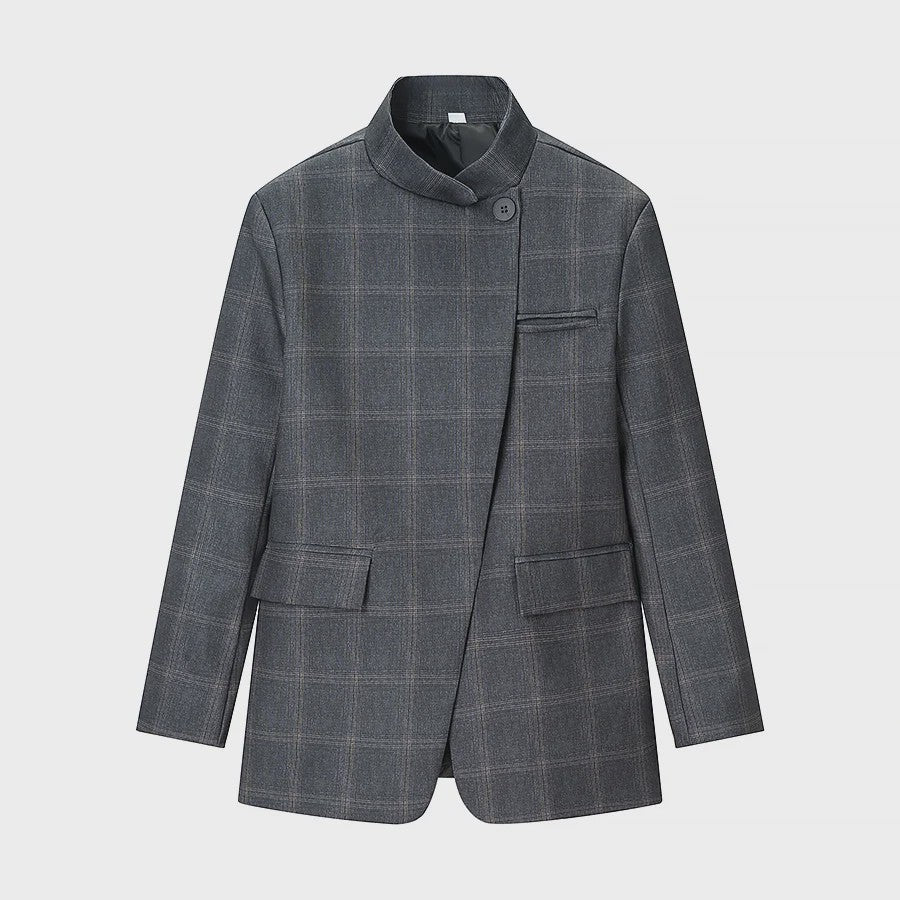 Chique Geruite Blazer Jas met Opstaande Kraag - Dames Casual Chic