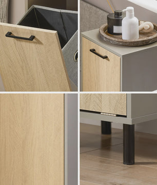 SoBuy Wasgoedkast met Uitklapbare Waszak - Badkamer Opbergkast - Natuurgrijs - 31.5x86x30cm