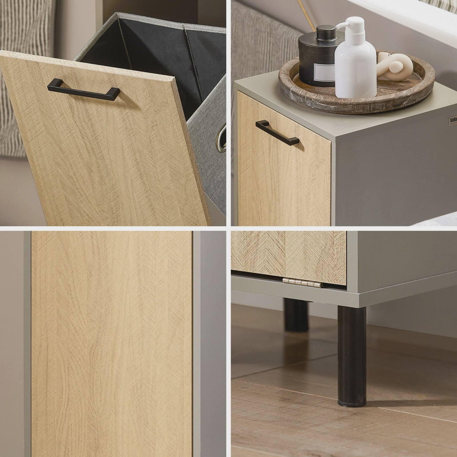 SoBuy Wasgoedkast met Uitklapbare Waszak - Badkamer Opbergkast - Natuurgrijs - 31.5x86x30cm