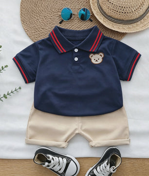 Zomer Set: Polo Shirt met Geborduurde Beer & Shorts voor Kinderen