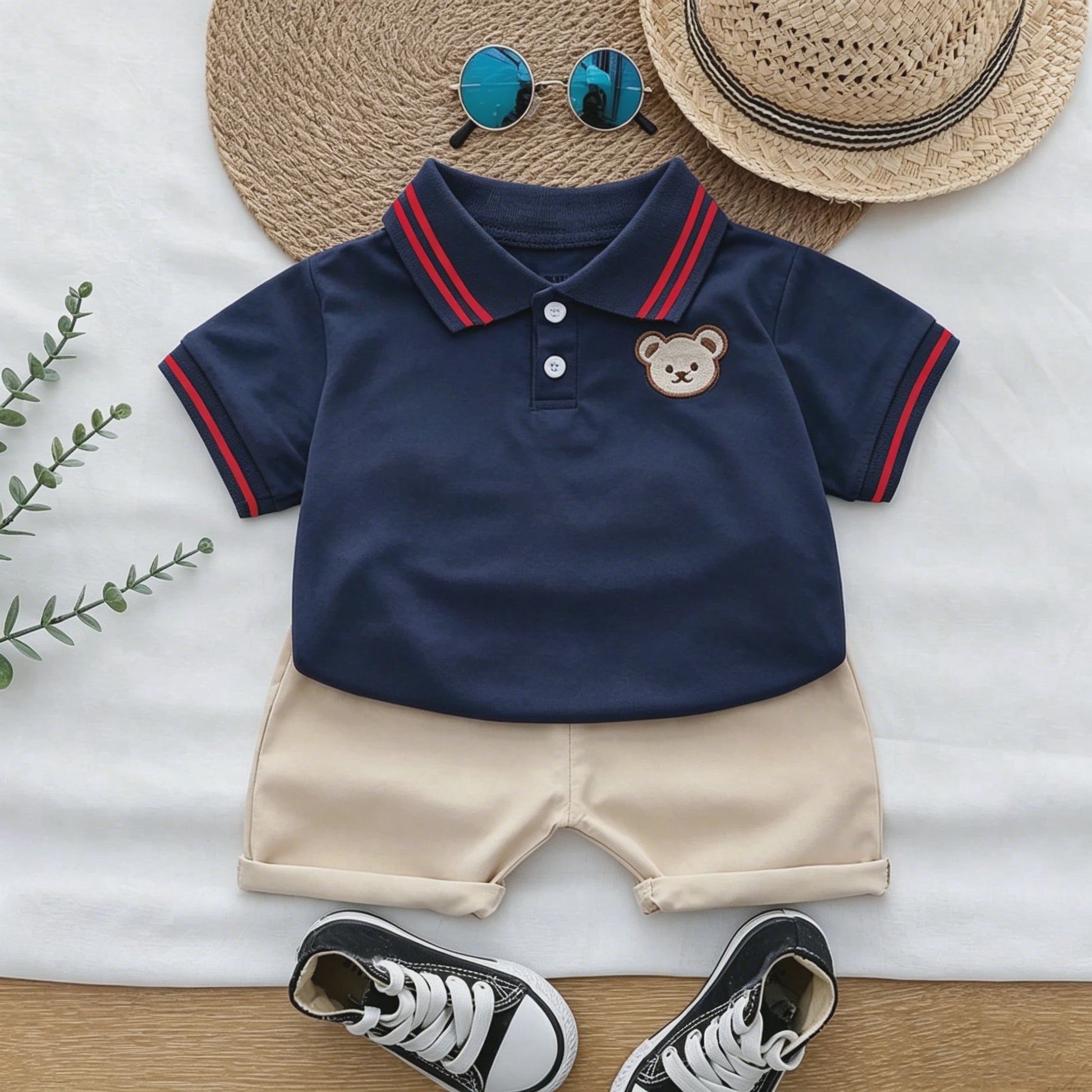 Zomer Set: Polo Shirt met Geborduurde Beer & Shorts voor Kinderen