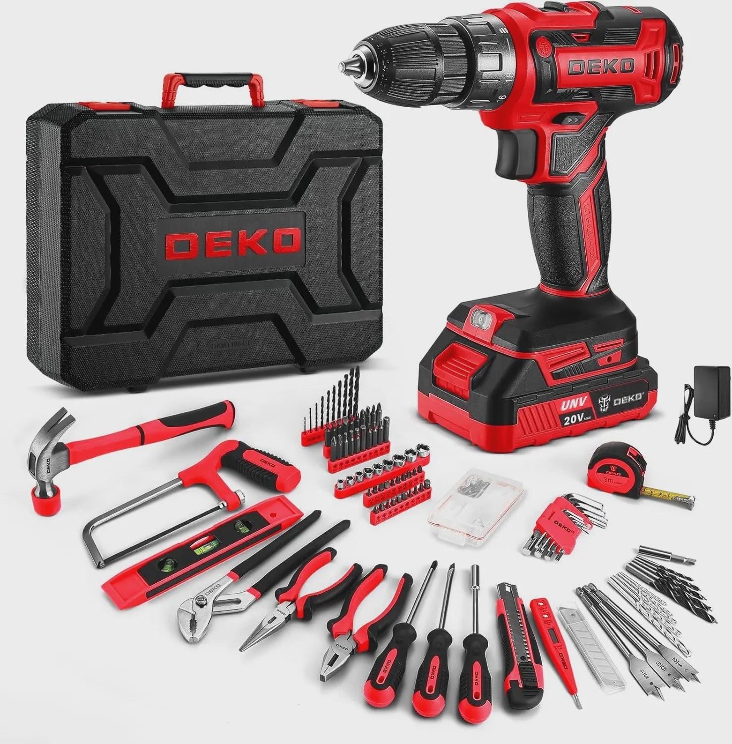 DEKO Complete Gereedschapskist met 20V Accuboormachine, 186 Delen - Professionele DIY Set