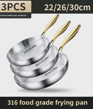 3-delige Set Roestvrij Staal Koekenpannen & Wok met Gouden Handvat - 5-laags Staal, Non-stick