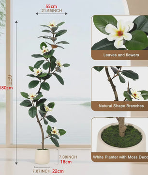 Kunst Magnolia Boom met Witte Pot - 150/180/210cm - Luxe Kunstplant voor Binnen