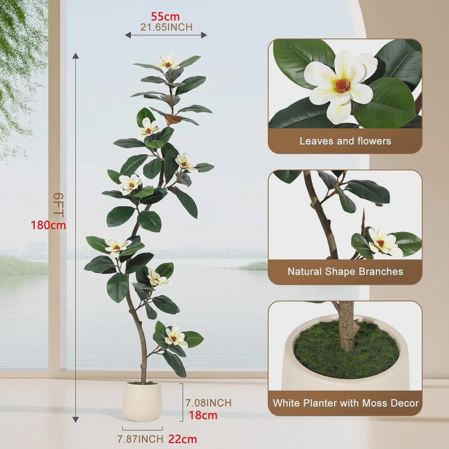 Kunst Magnolia Boom met Witte Pot - 150/180/210cm - Luxe Kunstplant voor Binnen