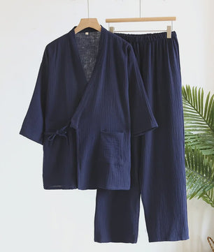 Luxe Katoenen Kimono Pyjama Set Heren - 2 Delig met Lange Broek en Zakken
