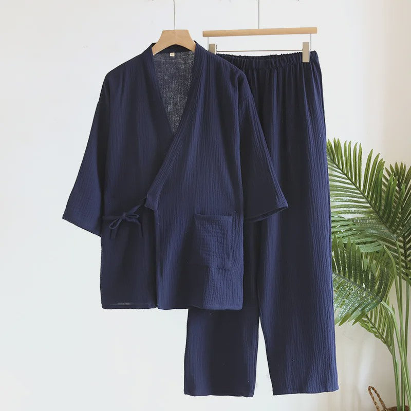 Luxe Katoenen Kimono Pyjama Set Heren - 2 Delig met Lange Broek en Zakken