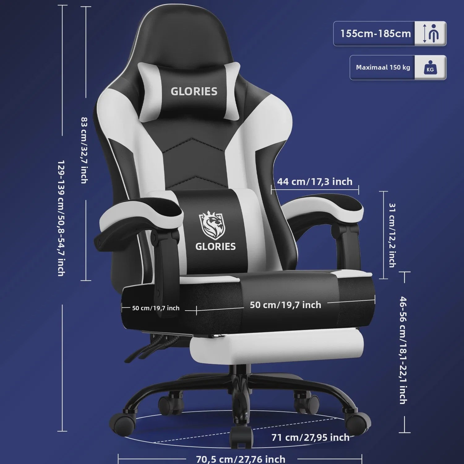 Ergonomische Gaming Stoel met Verstelbare Rugleuning, Lendensteun en Voetensteun - Max 150kg