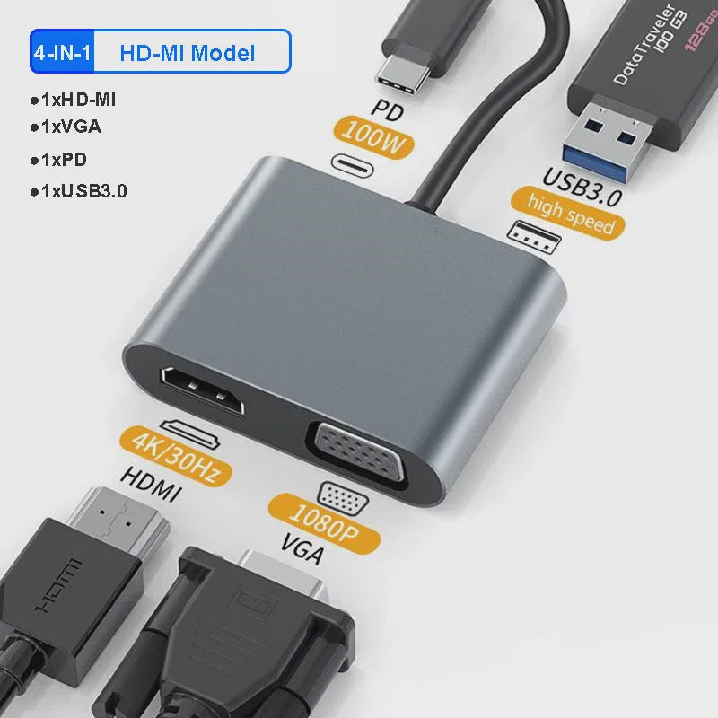4-in-1 USB-C Hub Docking Station met 4K@60Hz HDMI, PD 100W en USB 3.0