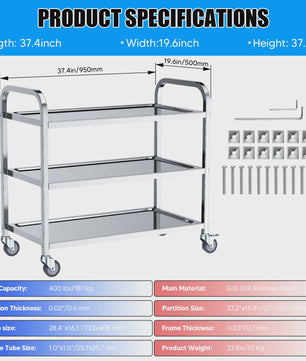 Professionele 3-Laags RVS Trolley met Wielen - Stil en Duurzaam voor Keuken, Kliniek en Salon