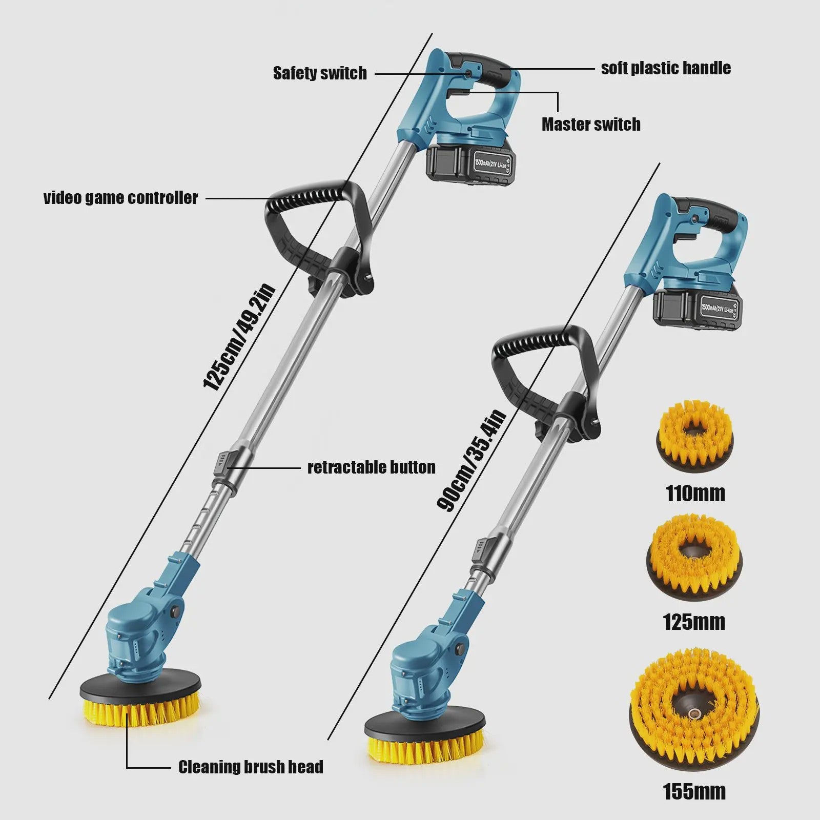 Draadloze Spin Scrubber: 800W Elektrische Schoonmaakborstel met Telescoopsteel & 21V Batterij