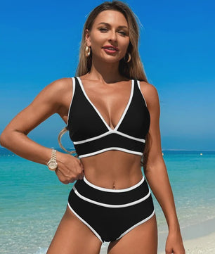 Dames Bikini Set V-hals High Waisted Tweedelig Zwemkleding Effen of Bloemenprint