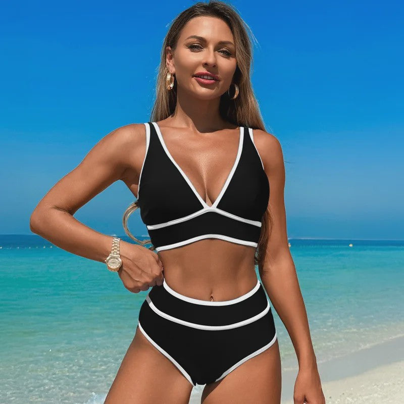 Dames Bikini Set V-hals High Waisted Tweedelig Zwemkleding Effen of Bloemenprint