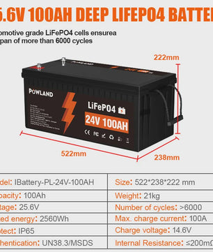 POWLAND LiFePO4 Accu 100Ah/200Ah/300Ah - 12V/24V - Solar Energie Opslag, RV, Boot, Camping - 6000+ Cycli